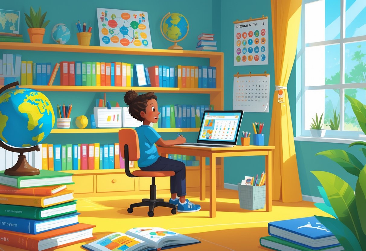 Home Learning Resources KS2: Essential Tools & Tips for Parents LearningMole A child studying at a desk at home surrounded by books, a globe, art supplies, and a laptop, with shelves of educational materials and a window letting in natural light.