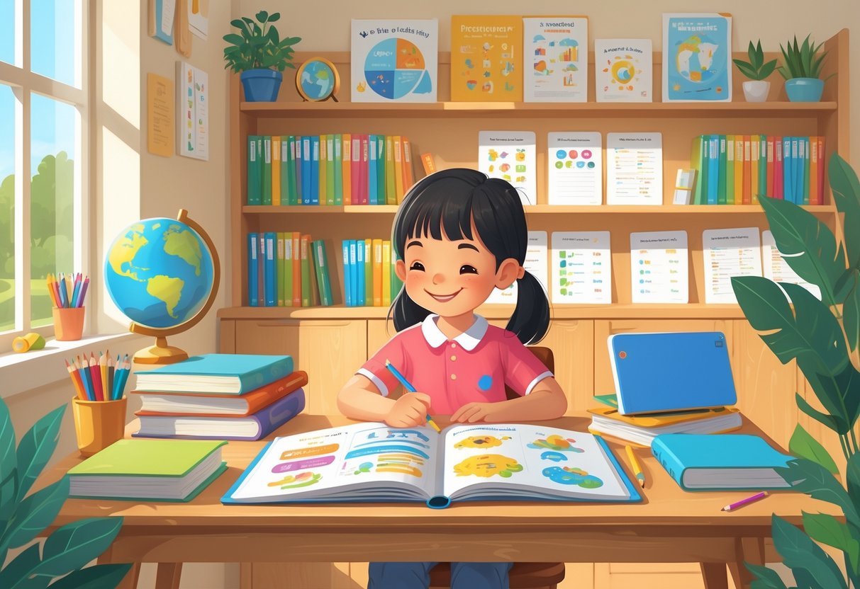 Home Learning Resources KS2: Essential Tools & Tips for Parents LearningMole A child studying at a desk with books, stationery, and a tablet in a bright home learning space with shelves of educational materials.