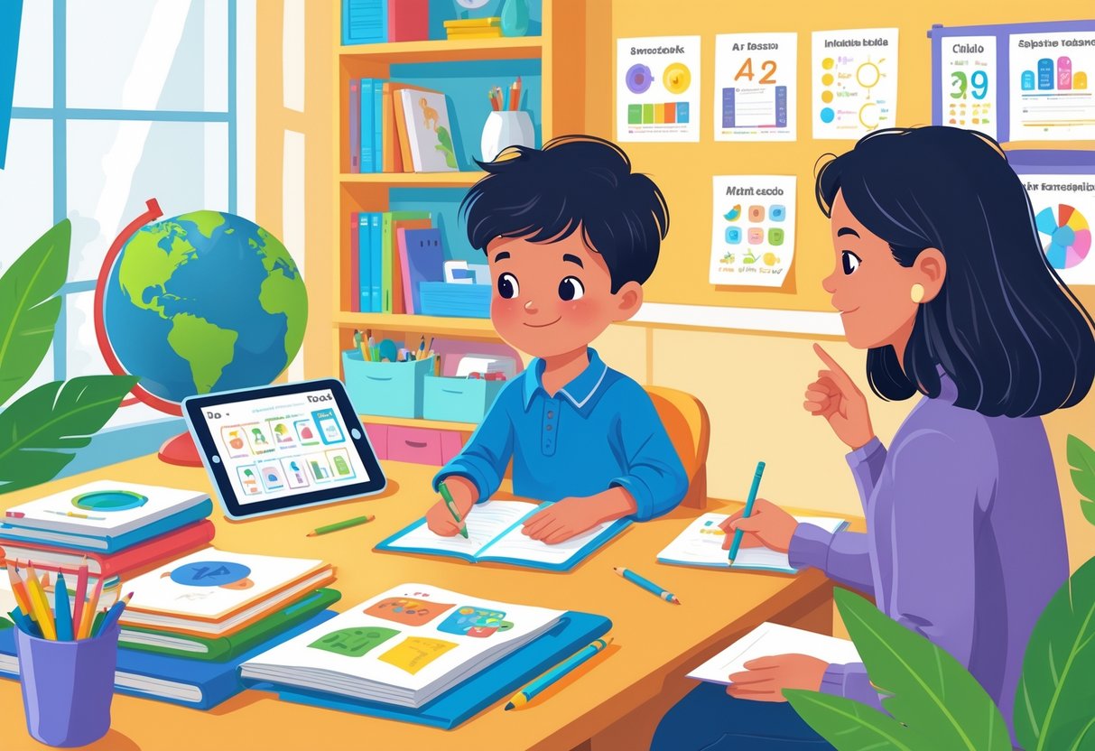 Home Learning Resources KS2: Essential Tools & Tips for Parents LearningMole A child studying at a desk with books and a tablet, with a parent nearby in a bright, organised home learning space.