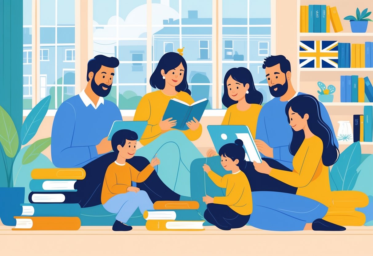 Educational Resources for Parents UK: Guide to Top Tools & Support LearningMole Parents and children using books, tablets, and educational toys together in a home setting with subtle UK-themed elements.