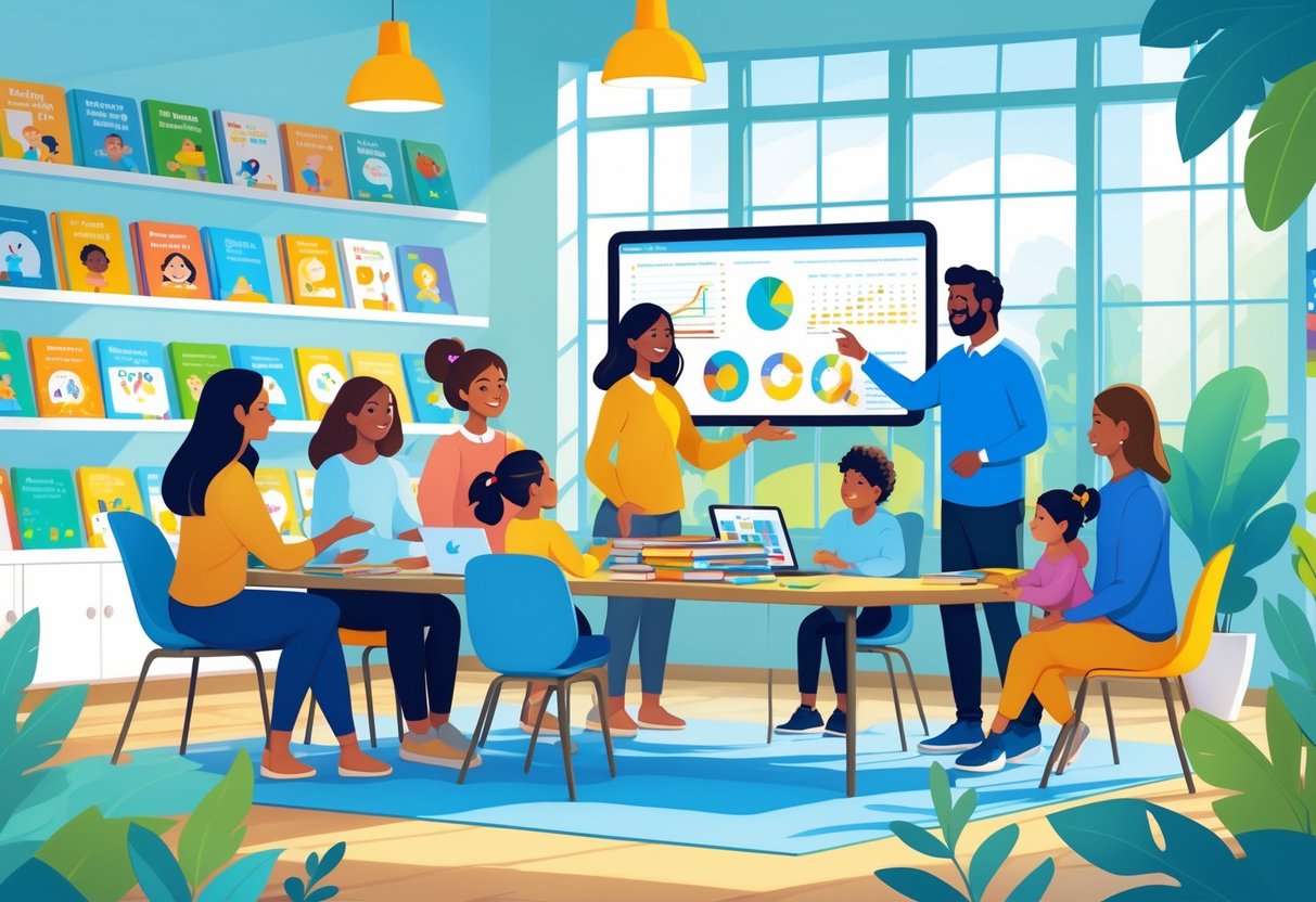 Educational Resources for Parents UK: Guide to Top Tools & Support LearningMole Parents and children gathered around a table with educational materials while an educator guides them in a bright, welcoming room.