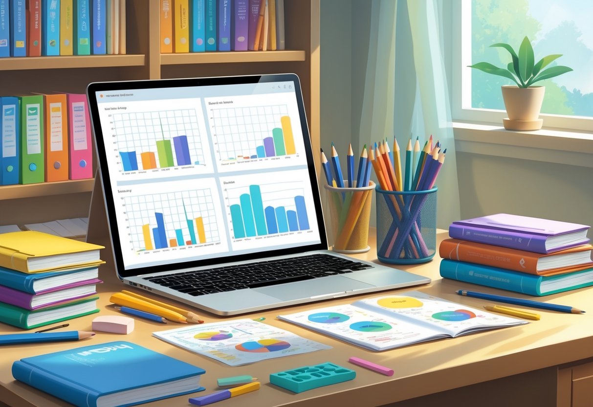 KS2 SATs Preparation Resources: The Complete Guide for Year 6 LearningMole A study desk with KS2 SATs books, stationery, and a tablet showing charts, set in a bright, organised room.