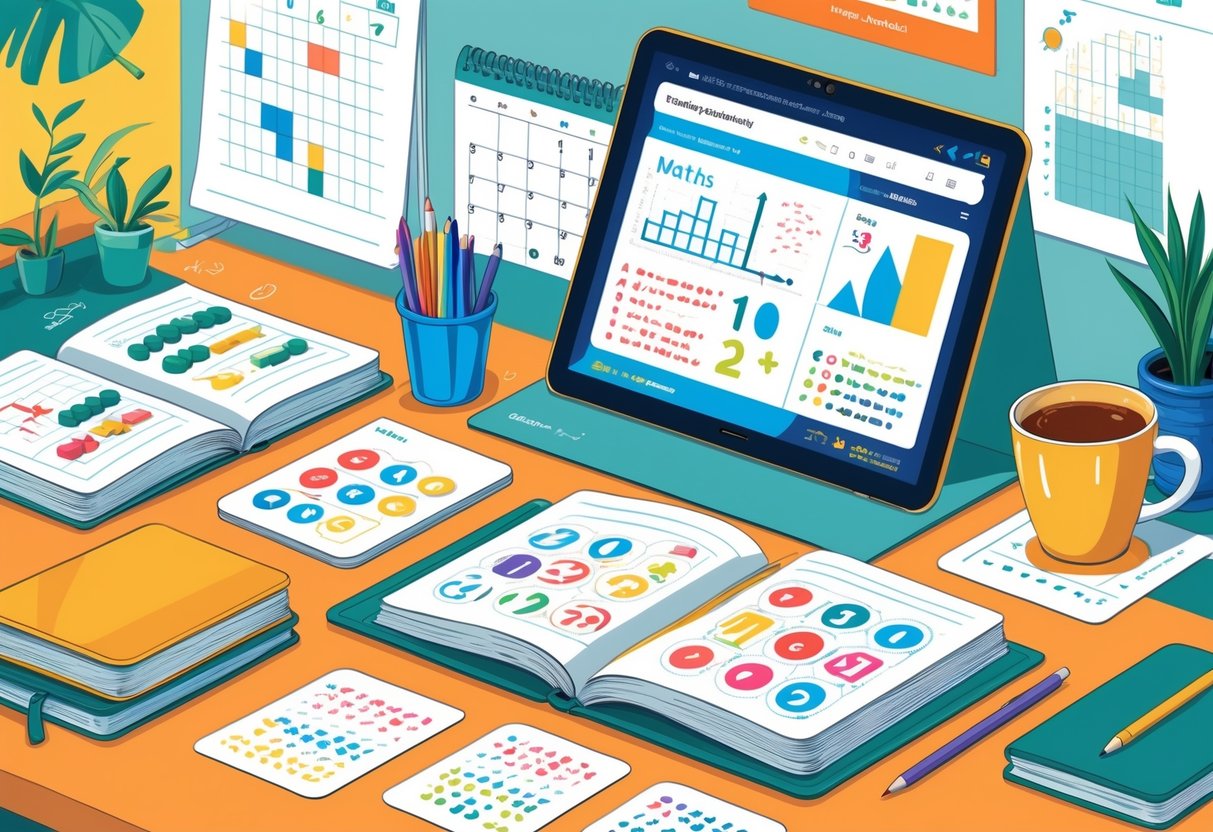 Year 6 SATs Maths Resources and Practice: The Ultimate Guide for 2026 LearningMole A tidy study desk with maths books, colourful pens, flashcards, a planner, and a tablet showing maths content, creating a calm and organised revision space.