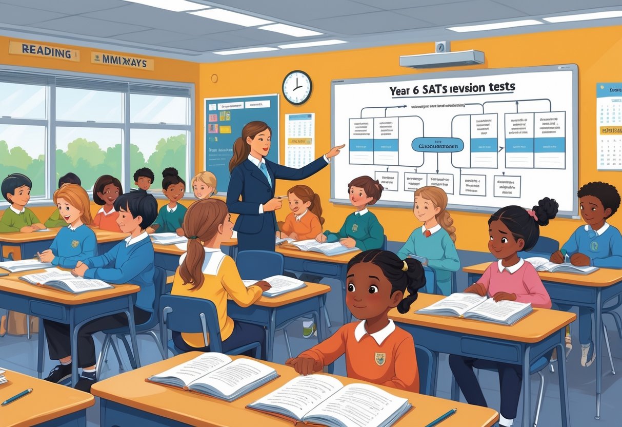 SATs Revision Activities Year 6: Fun & Effective Practice Ideas LearningMole A classroom with Year 6 children and a teacher focusing on SATs revision activities and test structure, showing students working at desks and the teacher explaining on a whiteboard.