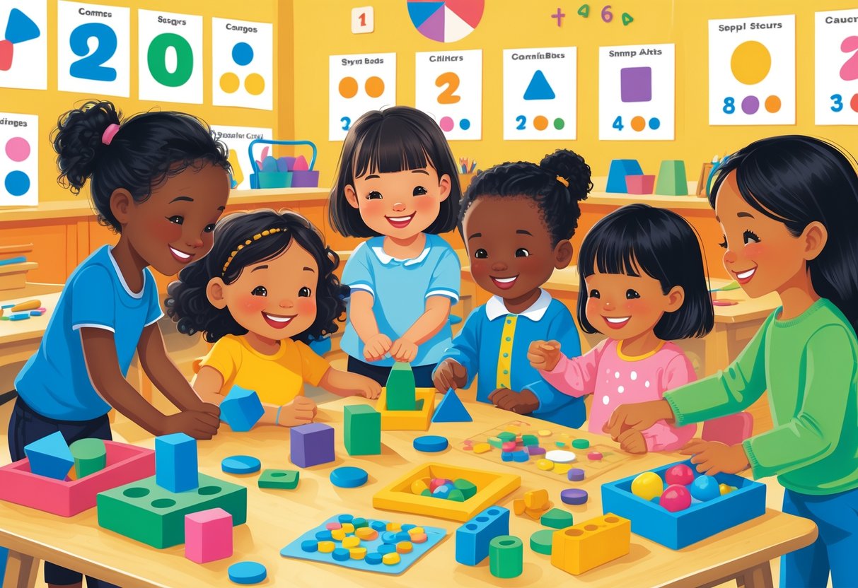EYFS Maths Activities and Resources: Essential Early Years Guide EYFS Maths LearningMole Young children in a classroom playing with colourful maths toys like number blocks and shape sorters while teachers guide them.