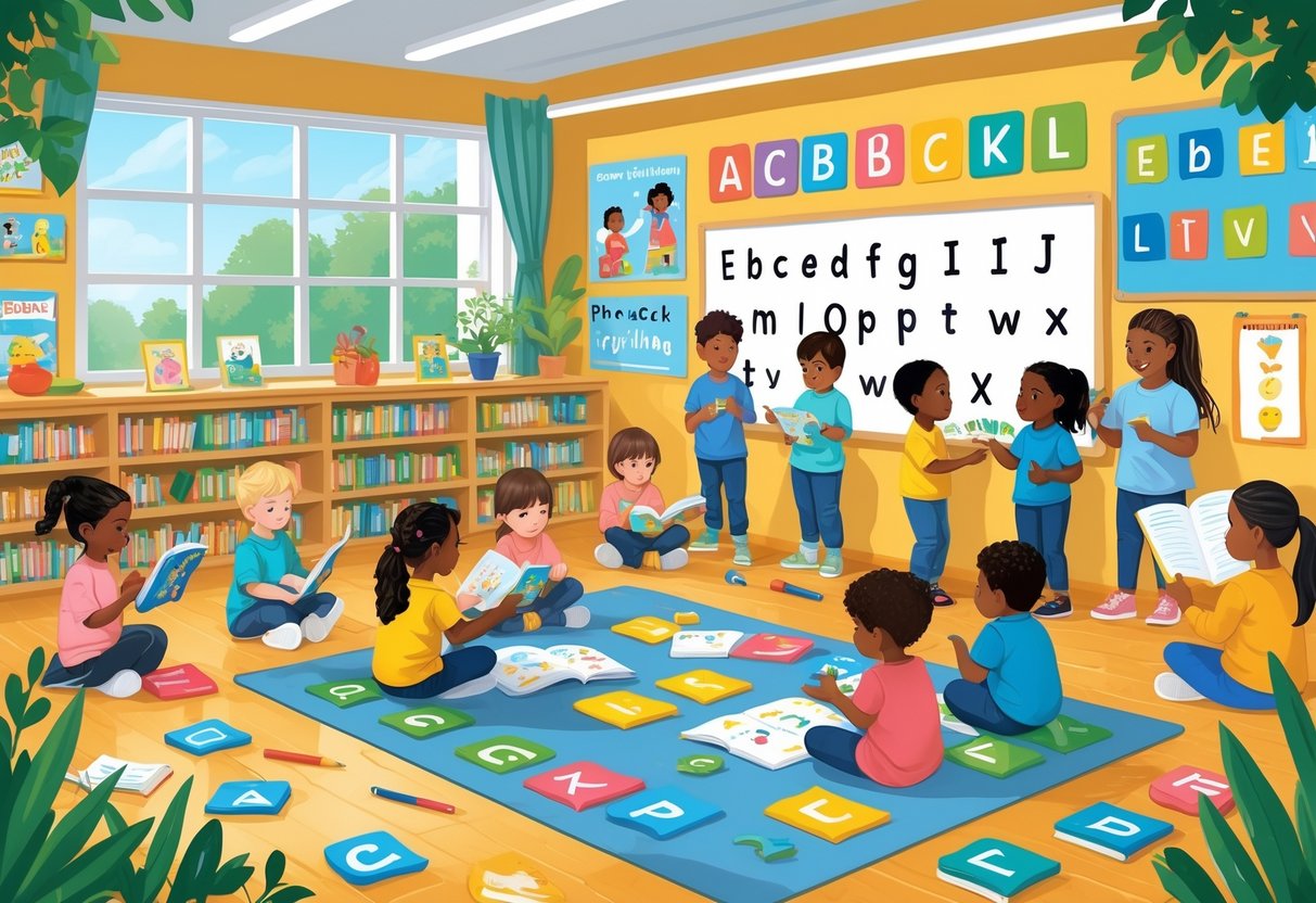 EYFS Literacy Resources and Activities: Practical Ideas and Guidance EYFS Literacy LearningMole Young children engaged in different literacy activities with a teacher in a bright classroom filled with books and learning materials.