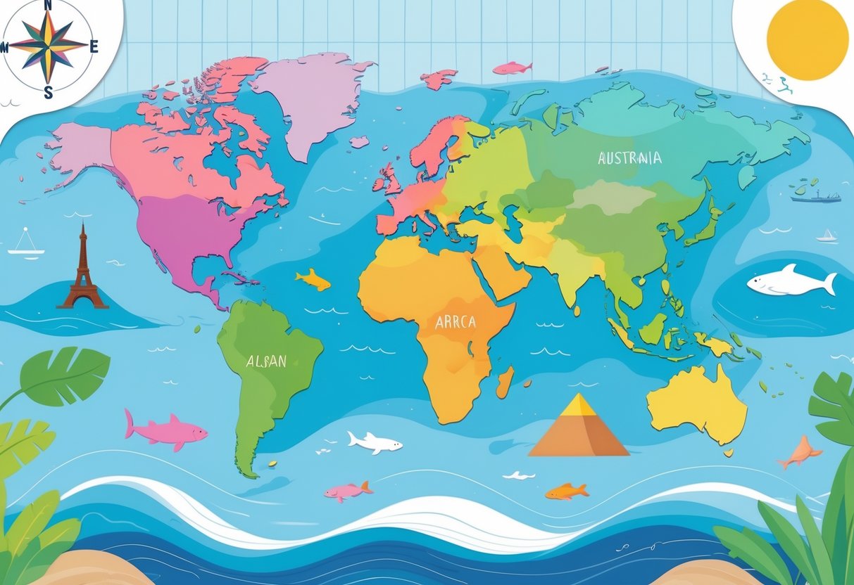Continents and Oceans Primary School Resources: A Complete Guide LearningMole A colourful world map showing all continents and oceans with icons representing landmarks and animals from different regions.