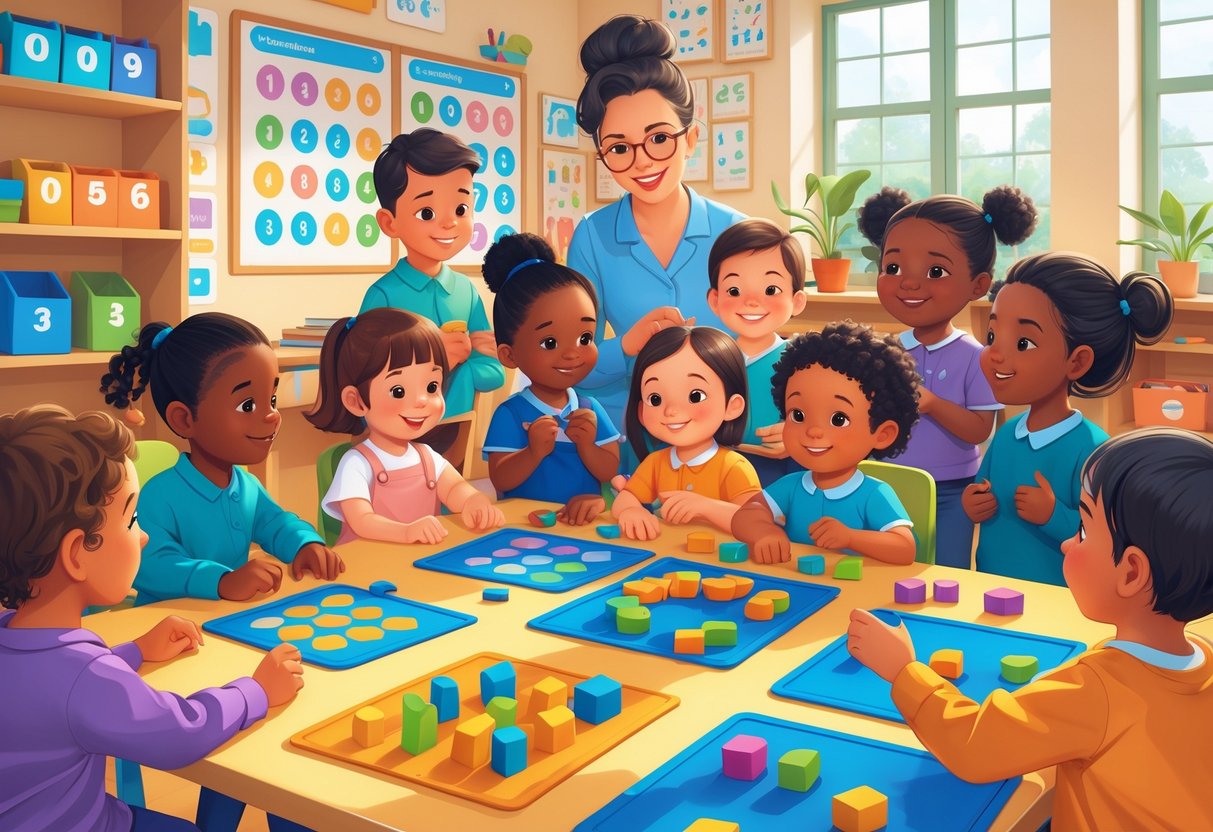 EYFS Maths Activities and Resources: Essential Early Years Guide EYFS Maths LearningMole Young children of diverse backgrounds working together on early maths activities with a teacher in a classroom.