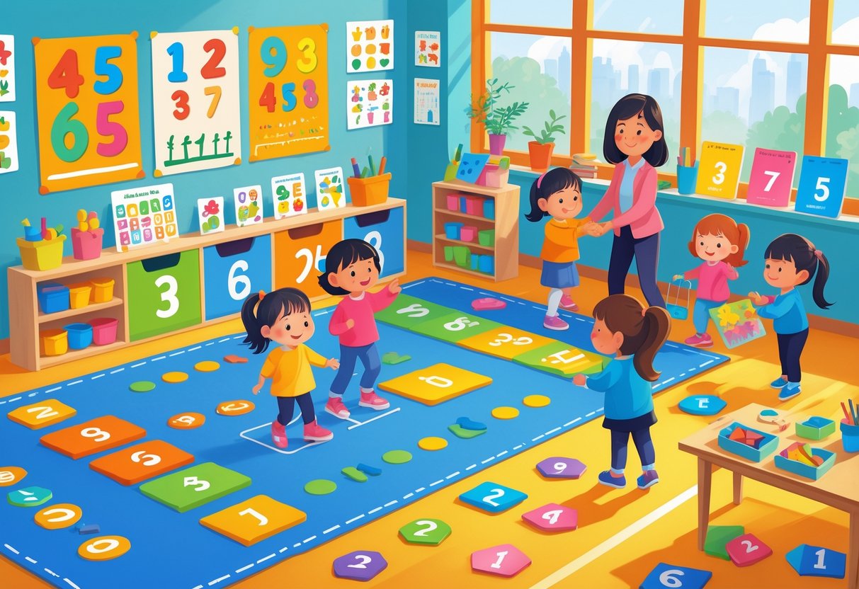 EYFS Maths Activities and Resources: Essential Early Years Guide EYFS Maths LearningMole Young children in a colourful classroom playing with maths toys and puzzles while a teacher guides them in learning activities.