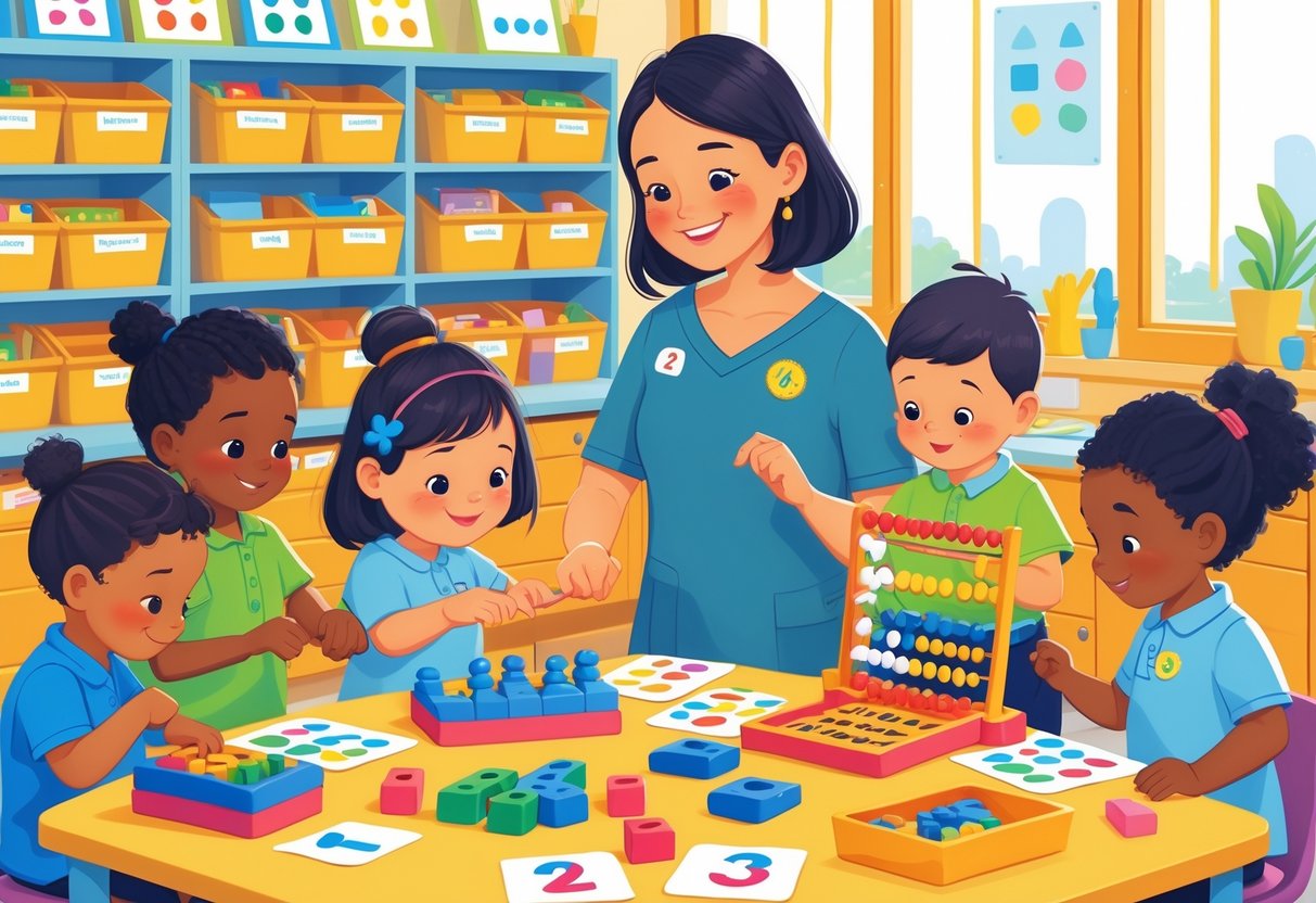 EYFS Maths Activities and Resources: Essential Early Years Guide EYFS Maths LearningMole Children and an adult in an early years classroom using maths resources like counting blocks and shape sorters at low tables.