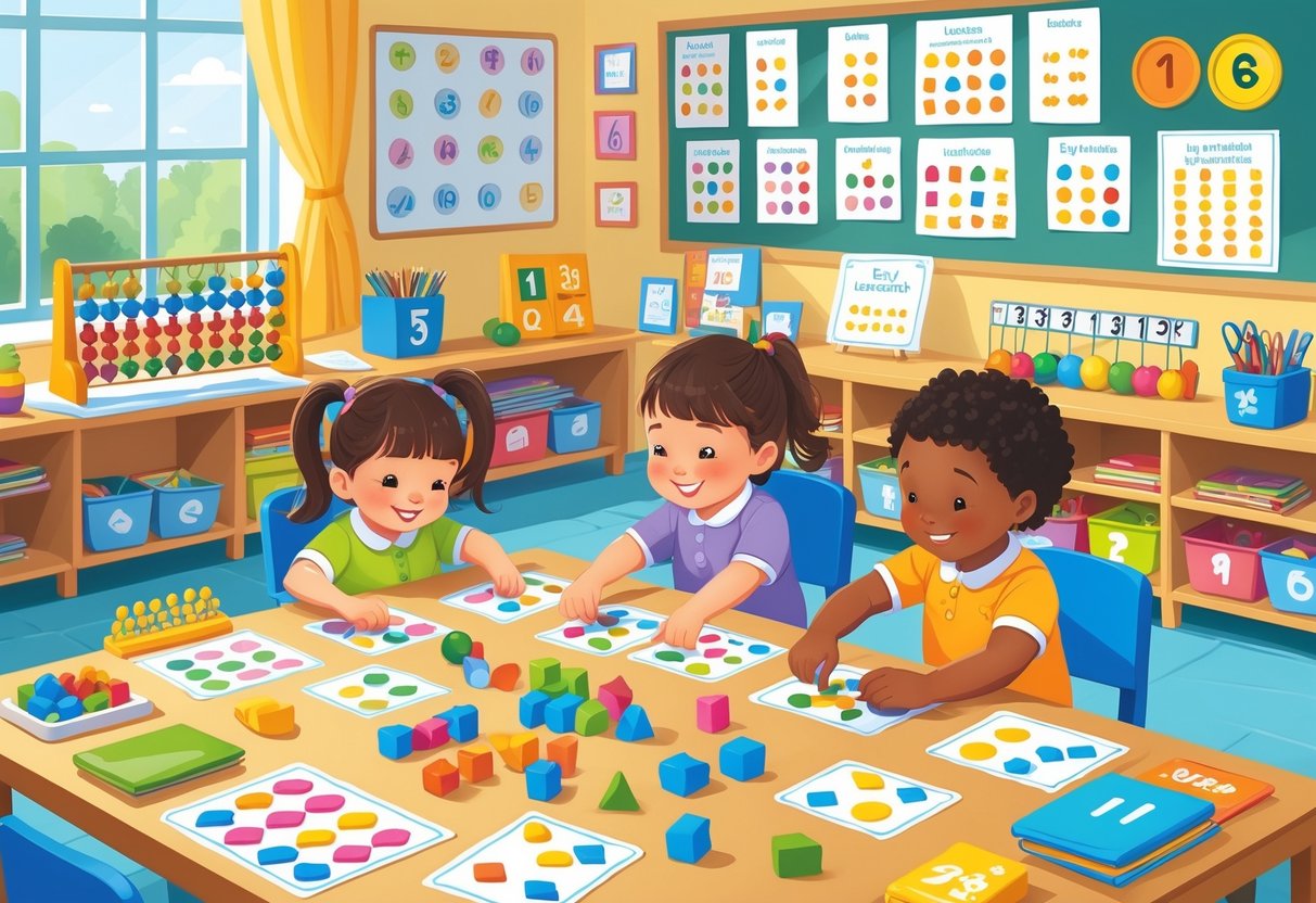EYFS Maths Activities and Resources: Essential Early Years Guide EYFS Maths LearningMole Young children engaged in hands-on maths activities with colourful blocks, shapes, and educational toys in a bright classroom setting.