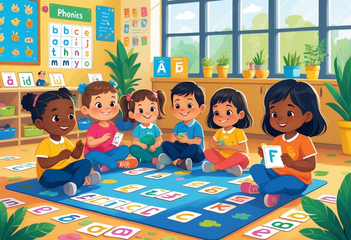 EYFS Phonics Activities Reception: Engaging Ideas for Early Years EYFS Phonics,Phonics Activities,EYFS LearningMole A group of young children and a teacher in a bright classroom engaged in phonics activities with letter cards and blocks.