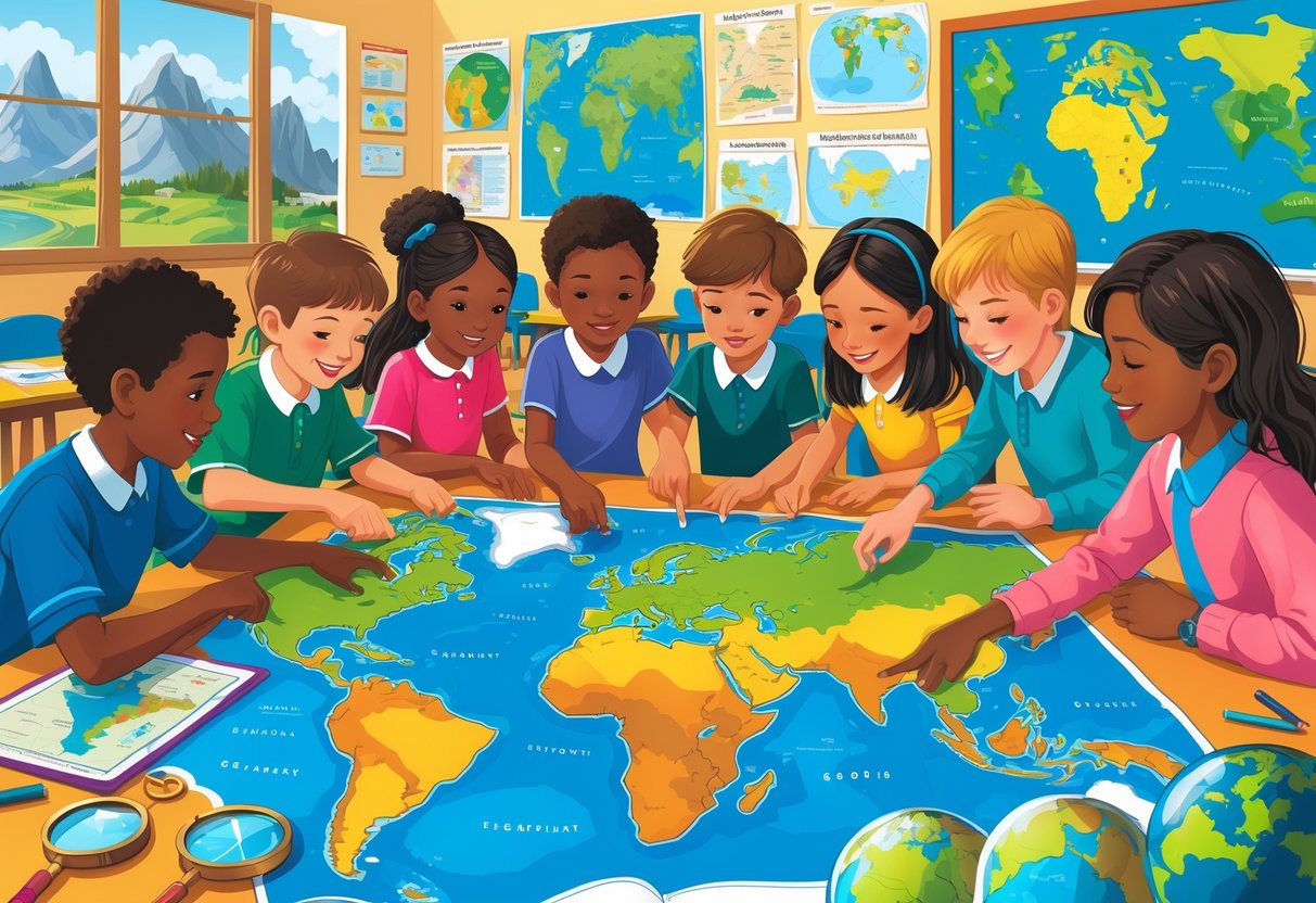 KS2 Geography Resources Free: Ultimate Guide for Teachers Geography Resources,KS2 LearningMole Children gathered around a large world map with geography tools in a classroom setting, exploring different countries and features.