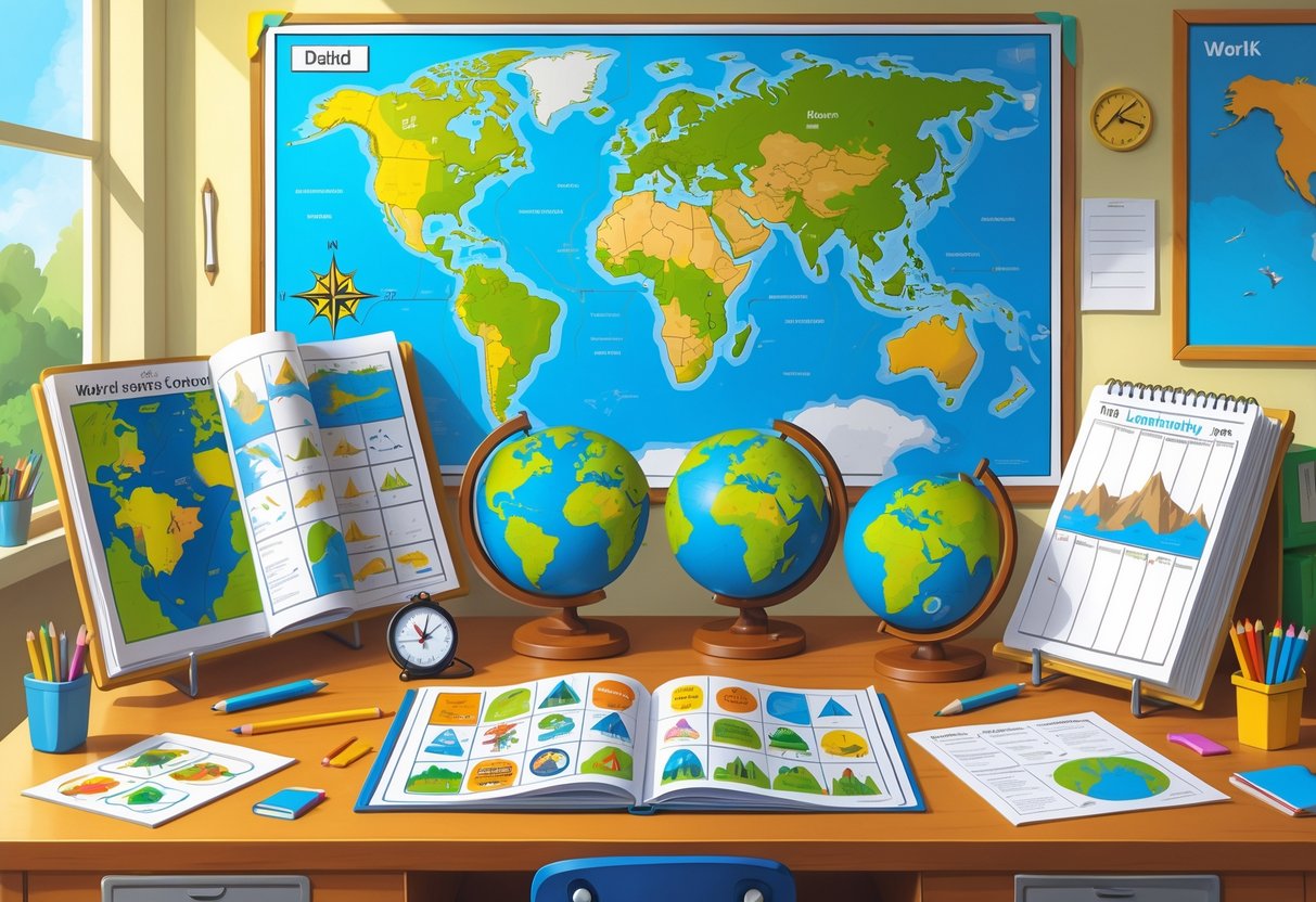 KS2 Geography Resources Free: Ultimate Guide for Teachers Geography Resources,KS2 LearningMole A desk with maps, globes, atlases, and geography worksheets arranged neatly, set in a bright classroom with a world map on the wall.