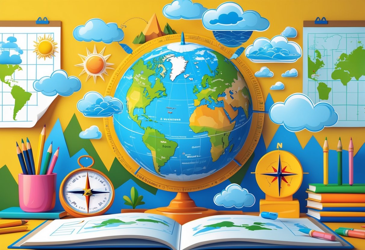 KS2 Geography Resources Free: Ultimate Guide for Teachers Geography Resources,KS2 LearningMole An illustration showing a globe with continents, mountains, rivers, forests, a compass, and weather symbols, set in a classroom environment with books and pencils.