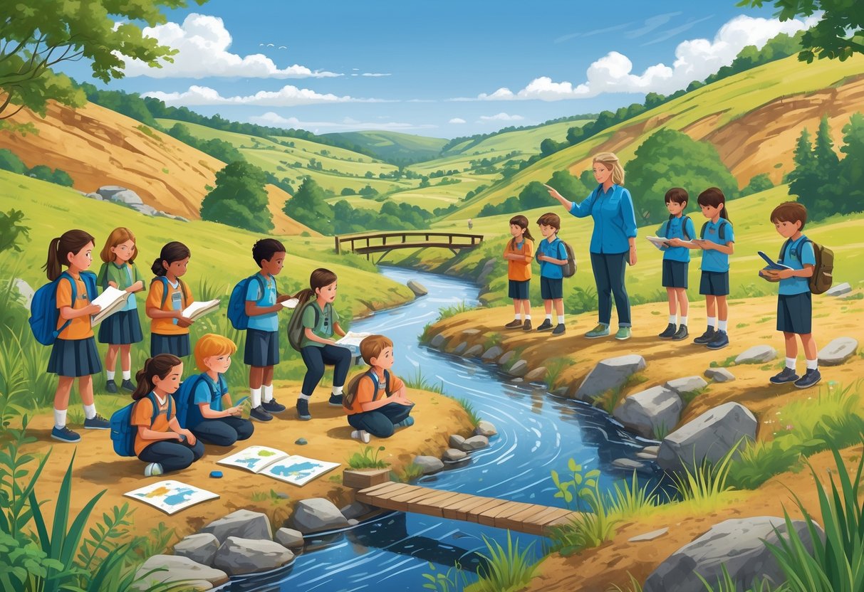 KS2 Geography Resources Free: Ultimate Guide for Teachers Geography Resources,KS2 LearningMole Children and a teacher outdoors using maps and compasses in a natural landscape with hills, trees, and a river.