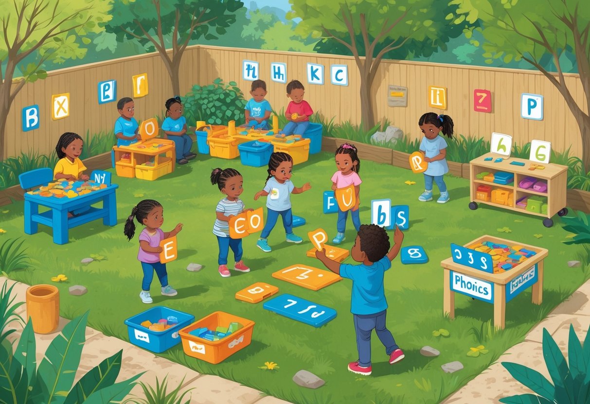 EYFS Phonics Activities Reception: Engaging Ideas for Early Years EYFS Phonics,Phonics Activities,EYFS LearningMole Young children playing and learning phonics outdoors with a teacher in a garden area, using letter blocks and phonics materials.