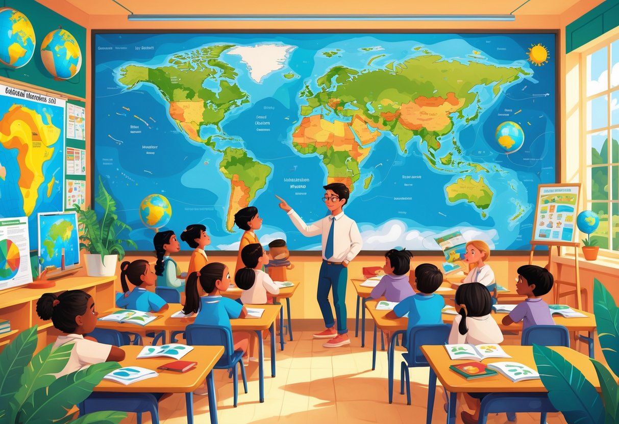 KS2 Geography Resources Free: Ultimate Guide for Teachers Geography Resources,KS2 LearningMole A classroom with young students and a teacher looking at a world map and geography materials.