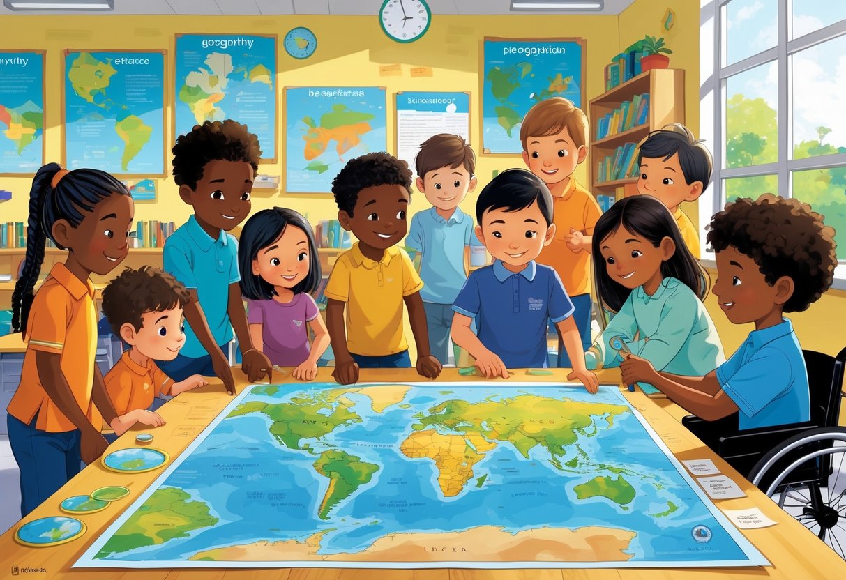 KS2 Geography Resources Free: Ultimate Guide for Teachers Geography Resources,KS2 LearningMole A group of diverse children exploring a world map together in a bright classroom, including a child in a wheelchair.