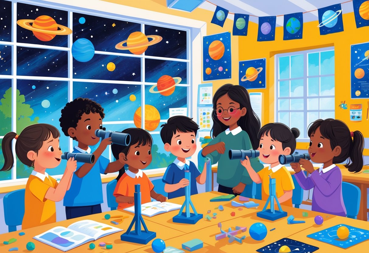 Science Week Activities Primary School: Fun Ideas for the Classroom LearningMole Primary school children engaged in space and physical science activities in a classroom with science models and a starry sky visible through the window.