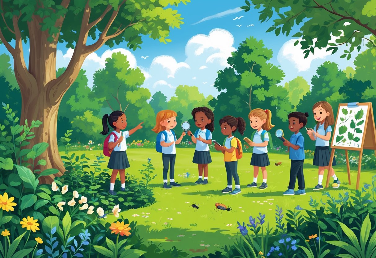 Outdoor Learning Activities Primary School: Ideas, Benefits & Tips LearningMole Primary school children and a teacher engaged in outdoor learning activities in a garden, examining plants and nature together.