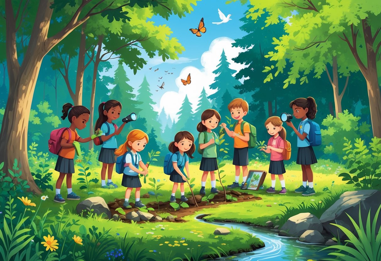 Outdoor Learning Activities Primary School: Ideas, Benefits & Tips LearningMole Children and a teacher exploring a forest clearing, observing insects, planting trees, and studying nature together.