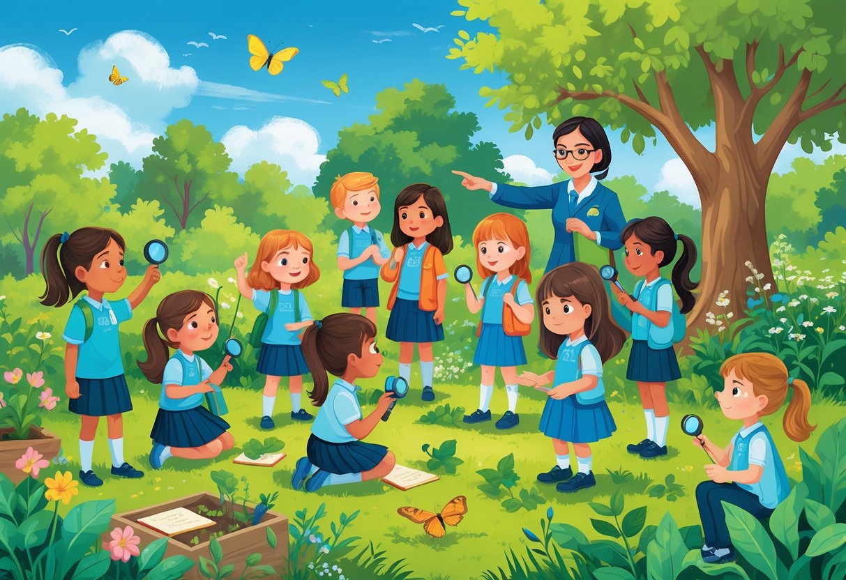 Outdoor Learning Activities Primary School: Ideas, Benefits & Tips LearningMole Primary school children engaged in outdoor learning activities in a garden with a teacher, exploring plants and insects.