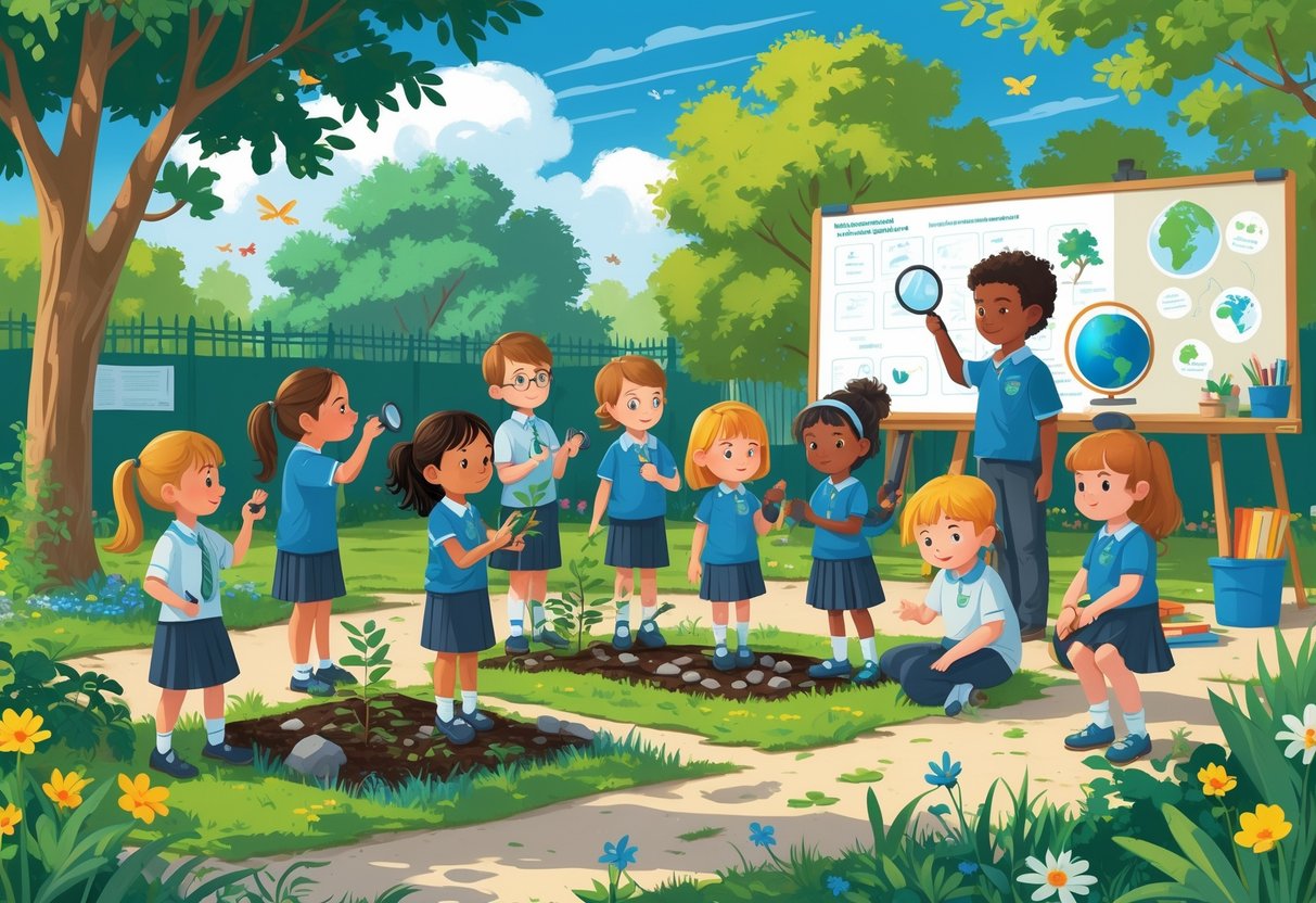 Outdoor Learning Activities Primary School: Ideas, Benefits & Tips LearningMole Children and a teacher engaging in outdoor learning activities in a school garden with plants, insects, and educational materials.