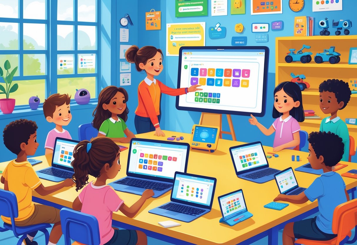 Coding Resources for Primary School: Essential Tools and Ideas LearningMole A classroom with young children using laptops and tablets to learn coding, guided by a teacher.