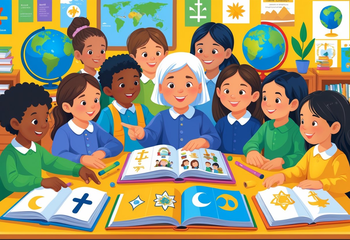 RE Resources for Primary School: Essential Tools and Trusted Sources LearningMole A group of young children and a teacher gathered around a table with books and educational materials about different religions in a bright classroom.
