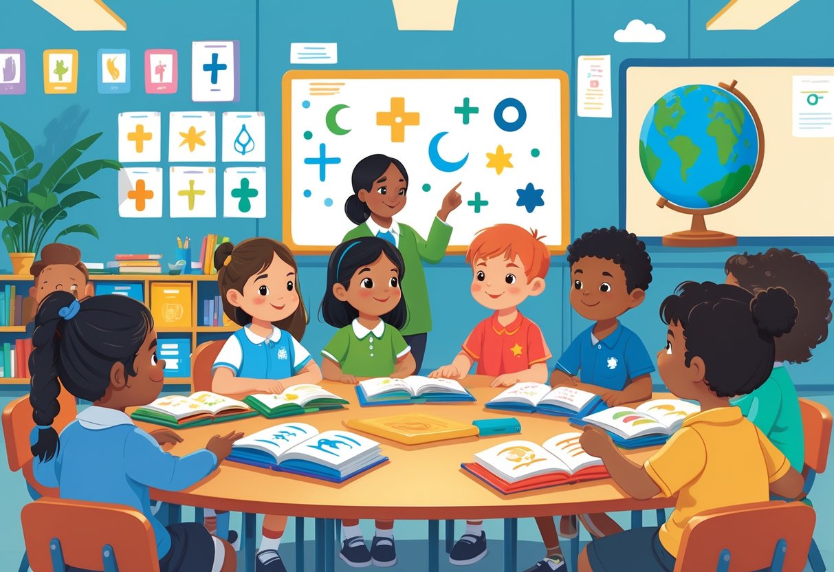 RE Resources for Primary School: Essential Tools and Trusted Sources LearningMole Children sitting around a table in a classroom with a teacher, exploring symbols of different religions and a globe, showing a respectful learning environment.