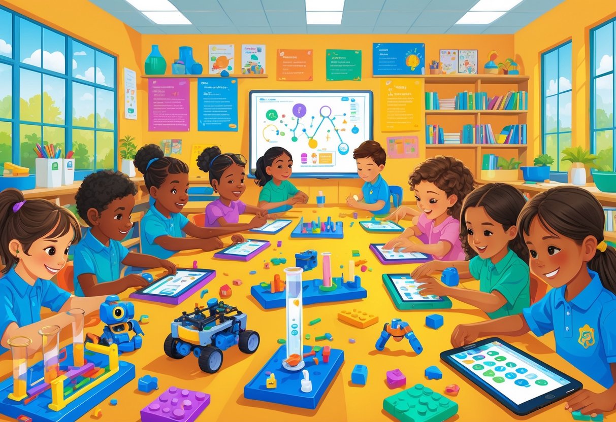 STEM Activities for Primary School: A Complete Hands-On Guide STEM Activities LearningMole Primary school children engaged in hands-on STEM activities like robotics, building, science experiments, and coding in a bright classroom.