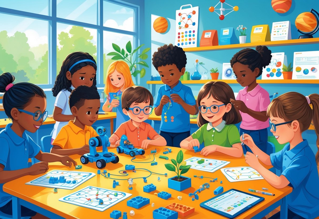 STEM Activities for Primary School: A Complete Hands-On Guide STEM Activities LearningMole Young primary school children working together on various STEM activities in a bright classroom with educational tools and natural light.