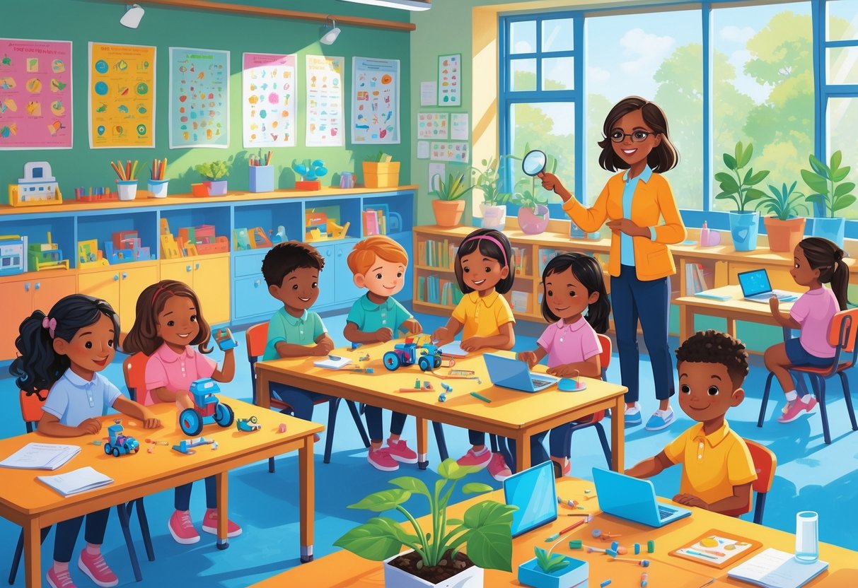 STEM Activities for Primary School: A Complete Hands-On Guide STEM Activities LearningMole Primary school children working together on various STEM activities in a bright classroom with a teacher guiding them.