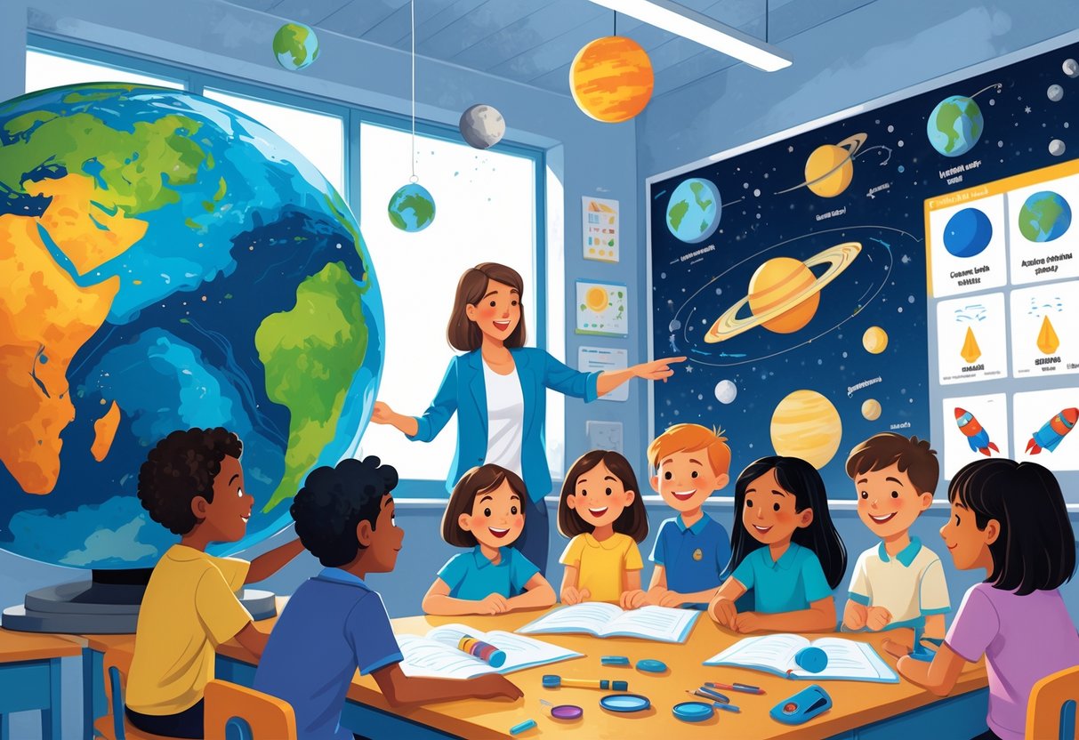 STEM Resources KS2 Free: The Ultimate Guide to Engaging Activities STEM Resources,KS2 LearningMole Children and a teacher in a classroom exploring models of Earth and the solar system with educational science materials around them.