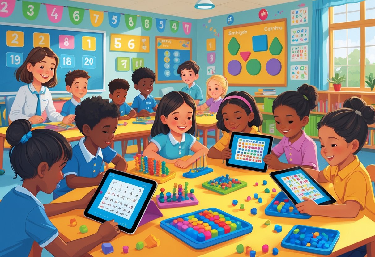 STEM Activities for Primary School: A Complete Hands-On Guide STEM Activities LearningMole Primary school children working together on hands-on maths activities with blocks and puzzles in a colourful classroom, guided by a teacher.
