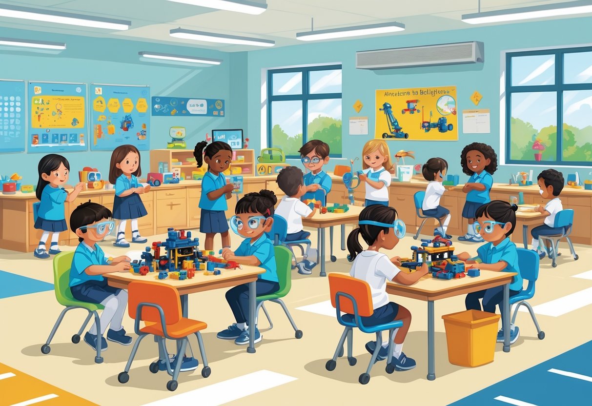 STEM Activities for Primary School: A Complete Hands-On Guide STEM Activities LearningMole Primary school children working together on STEM activities in a safe and accessible classroom with adult supervision and safety equipment.