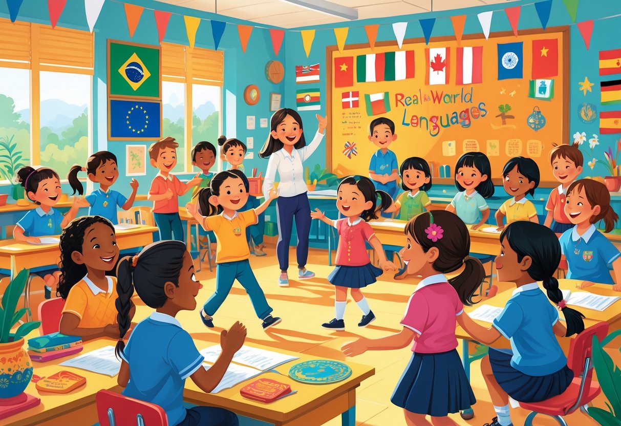 MFL Teaching Resources KS2: The Complete Guide for Primary Schools LearningMole A group of diverse primary school children and a teacher participating in a colourful cultural event celebrating different languages and traditions in a classroom.