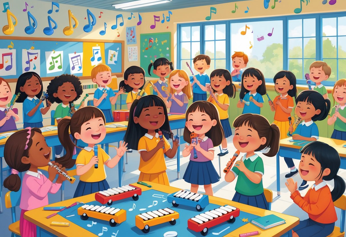 Music Activities for Primary School: Creative Ideas for Classroom Fun LearningMole Primary school children playing musical instruments and singing together in a colourful classroom with their teacher.