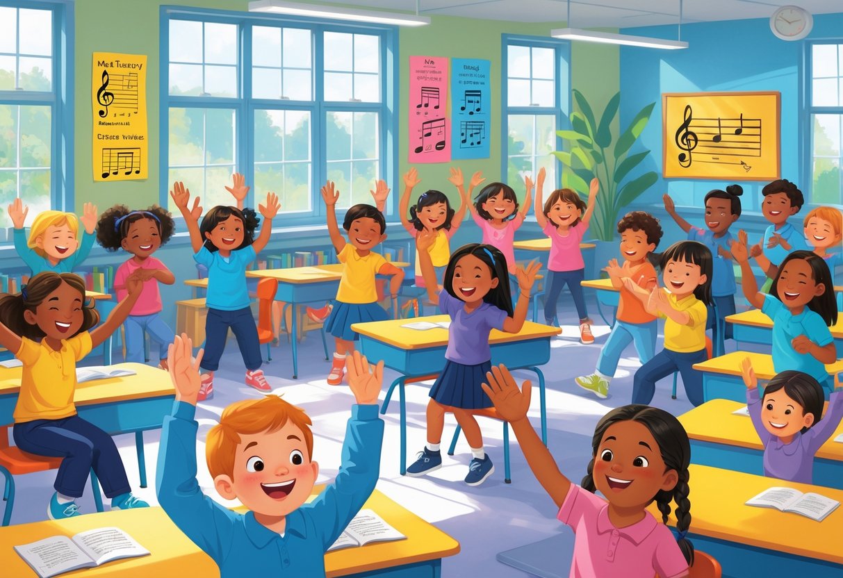 Music Activities for Primary School: Creative Ideas for Classroom Fun LearningMole A busy primary school classroom with children participating in music activities using clapping, stamping, and snapping, guided by a smiling teacher.