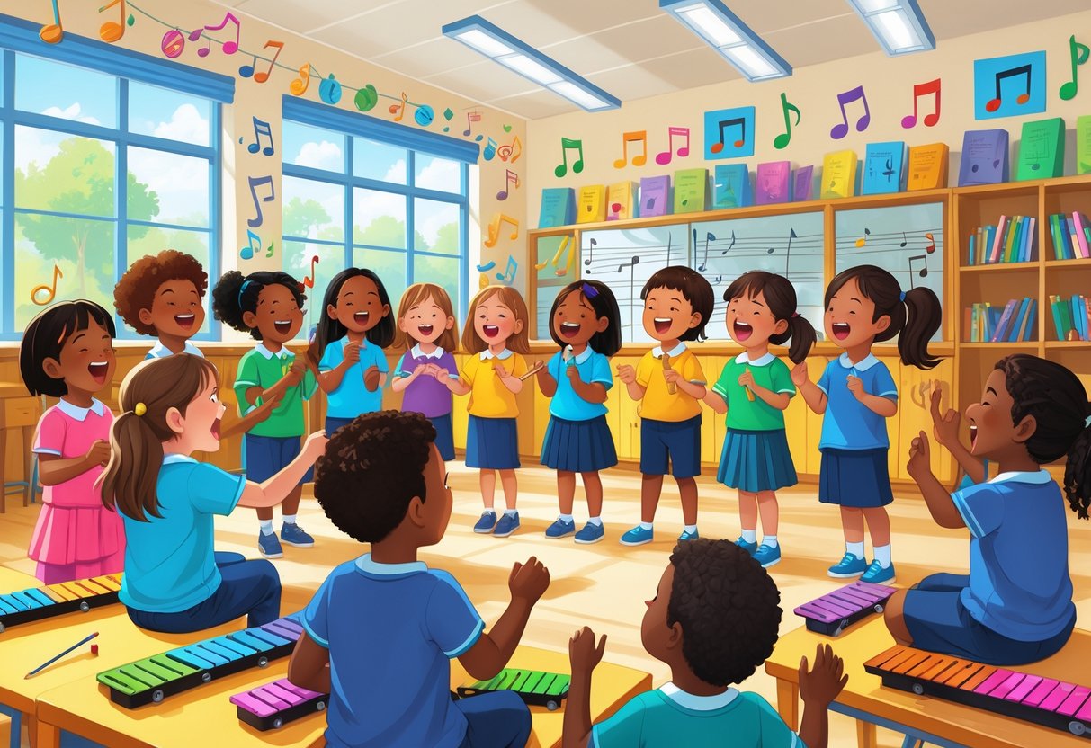 Music Activities for Primary School: Creative Ideas for Classroom Fun LearningMole Children in a primary school classroom playing musical instruments and singing together with a teacher.
