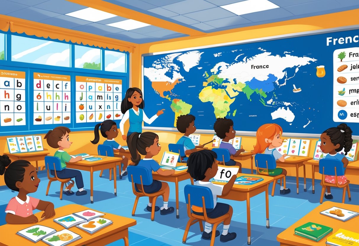 French Resources for Primary School: The Ultimate Guide for Teachers LearningMole A primary school classroom with children and a teacher learning French using colourful educational materials and a world map showing France.