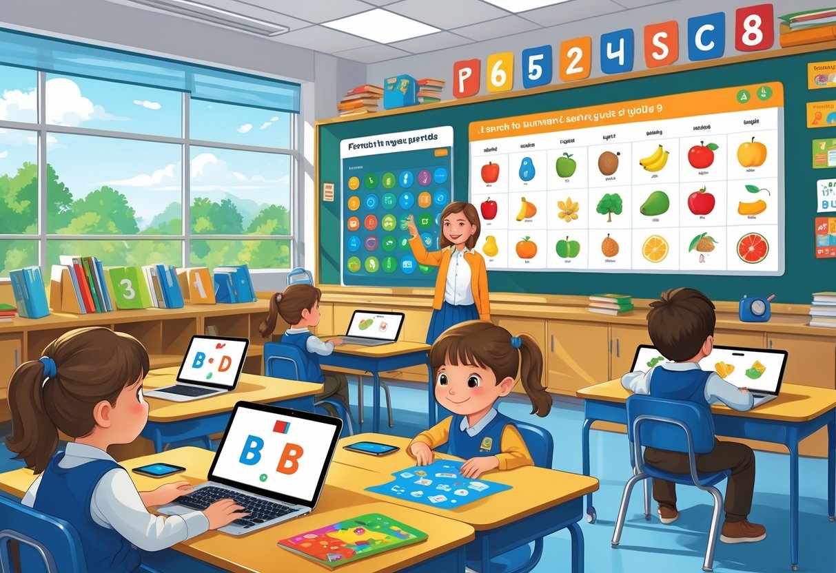 French Resources for Primary School: The Ultimate Guide for Teachers LearningMole A classroom with young children using tablets and a teacher pointing at a digital whiteboard showing French vocabulary exercises.