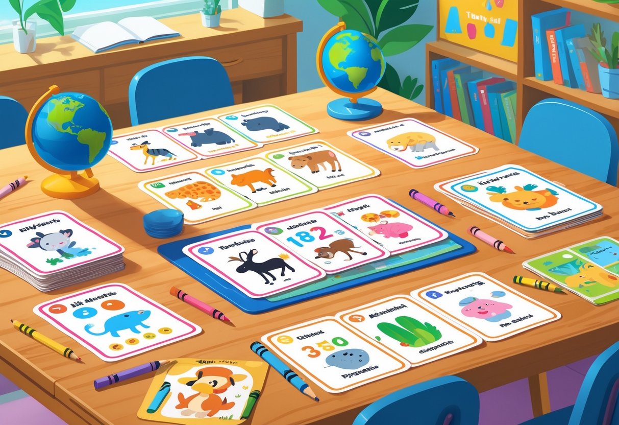 French Resources for Primary School: The Ultimate Guide for Teachers LearningMole A desk with colourful French learning worksheets and flashcards for primary school children, surrounded by pencils and crayons in a classroom setting.