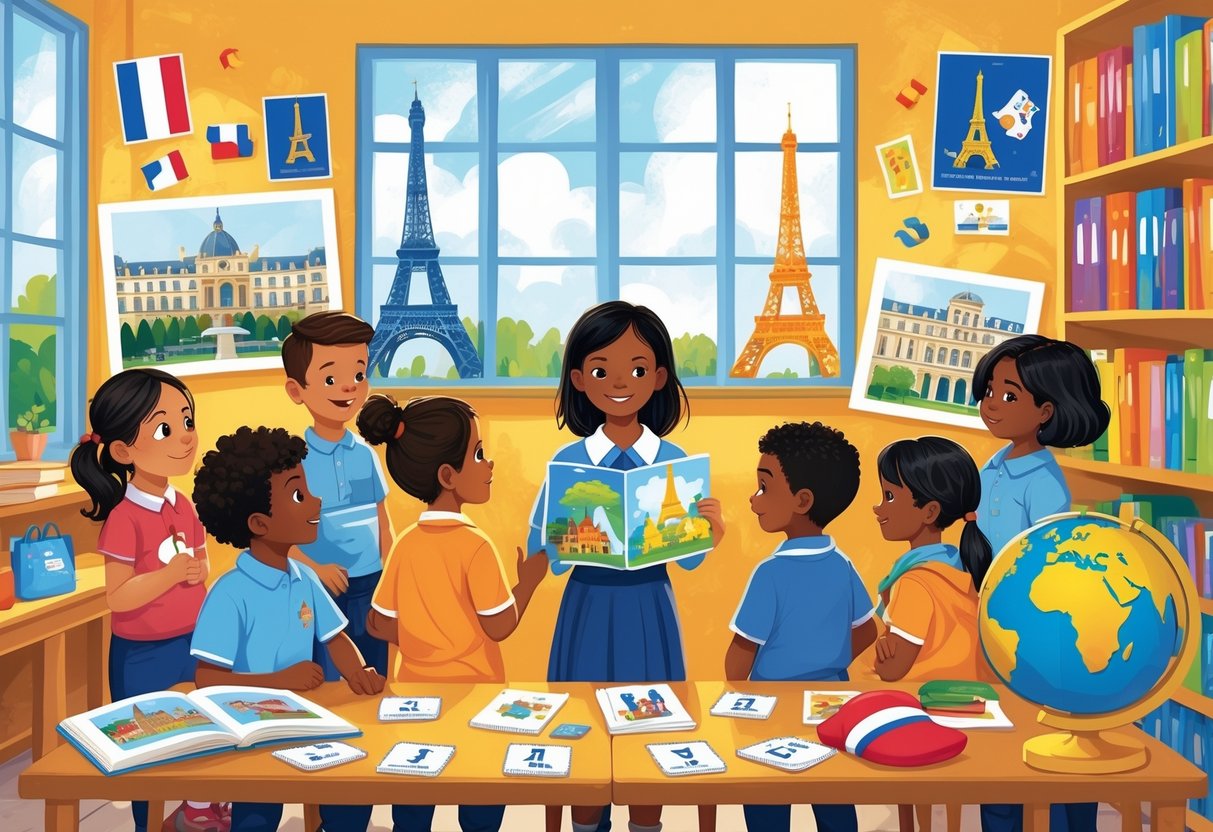 French Resources for Primary School: The Ultimate Guide for Teachers LearningMole Primary school children and a teacher in a classroom decorated with French landmarks and learning materials about French culture.