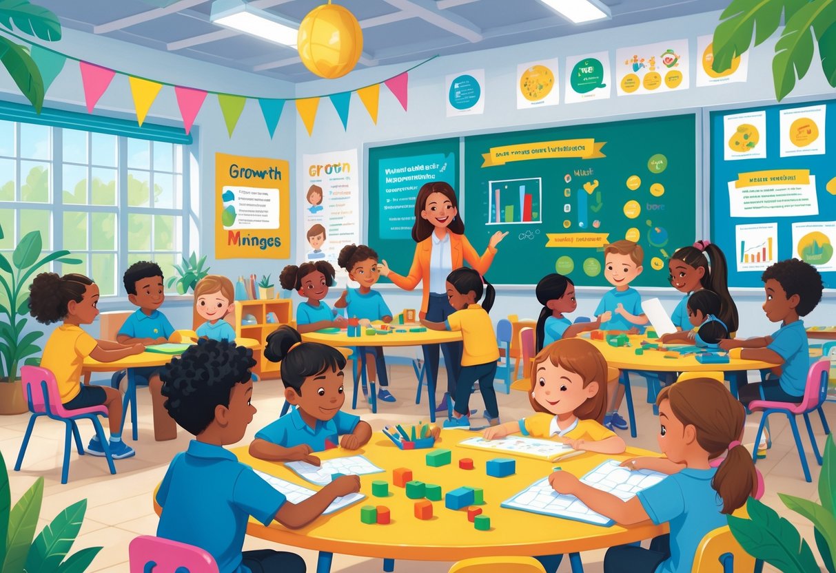 Growth Mindset Activities for Primary School: Creative Ways to Foster Resilience LearningMole Primary school children working together in a bright classroom with their teacher, engaging in activities that encourage positive thinking and learning from mistakes.