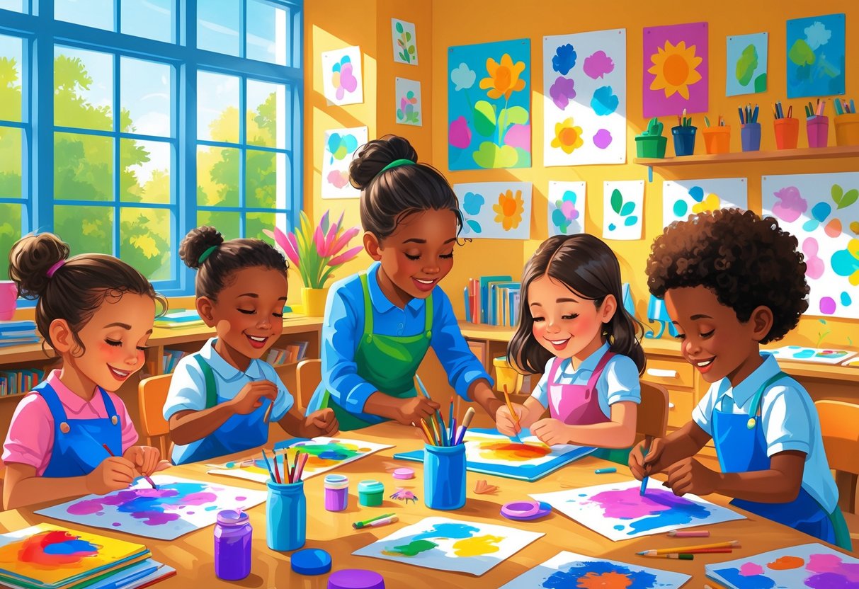 Art and Craft Activities for Primary School: Creative Learning Ideas Art and Craft,Activities for Primary School LearningMole Primary school children engaged in various art and craft activities in a bright classroom with a teacher assisting them.