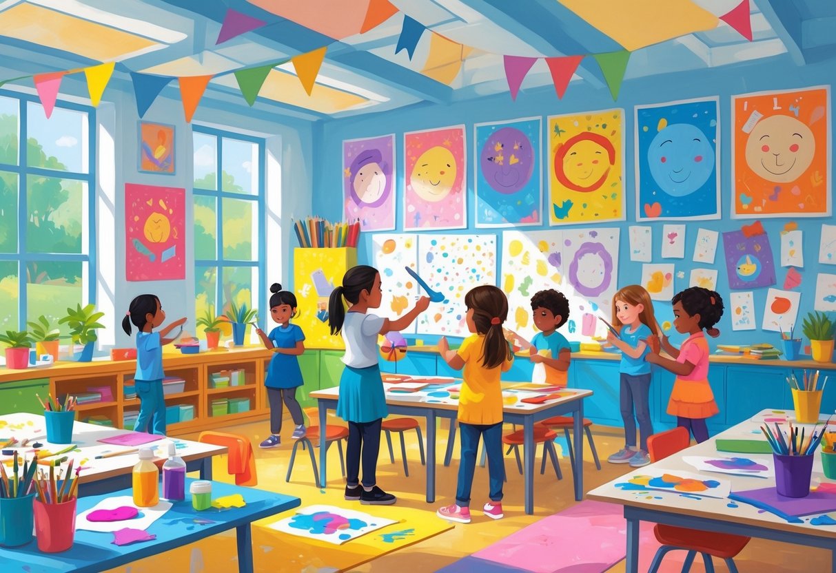 Art Resources KS2 Teaching Ideas: Inspiring Creative Lessons LearningMole Children in a bright classroom working on various art projects with paints, paper, and craft materials while a teacher guides them.