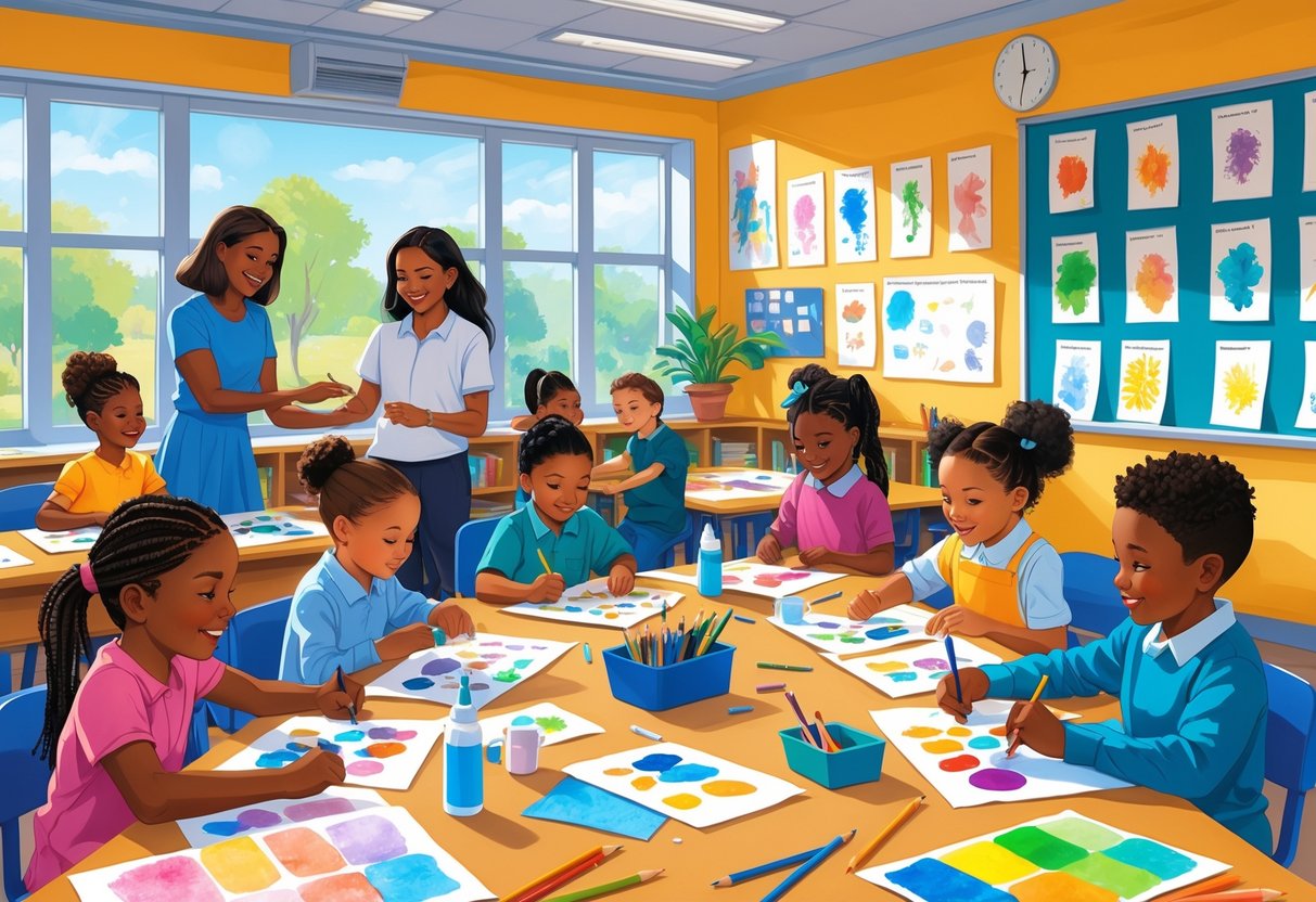 Art Resources KS2 Teaching Ideas: Inspiring Creative Lessons LearningMole A classroom with KS2 children using different art materials for a mixed media art lesson, guided by a teacher.