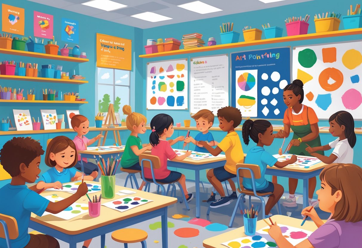 Art Resources KS2 Teaching Ideas: Inspiring Creative Lessons LearningMole A classroom with children and a teacher engaging in various art activities using different supplies.
